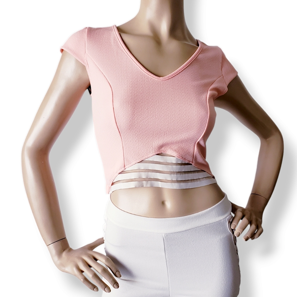 Light Pink & White Assymetrical Sheer Paneled Crop Top by Yoyo 5